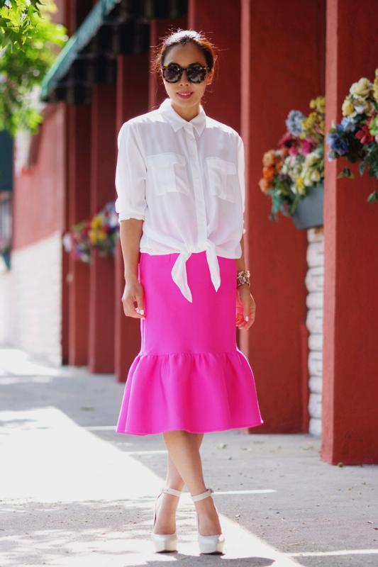 201308201258 HallieDaily White Shirt and Pink Peplum Skirt