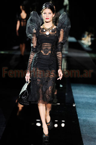 Vestido negro encaje mangas con volumen gasa Dolce And Gabbana